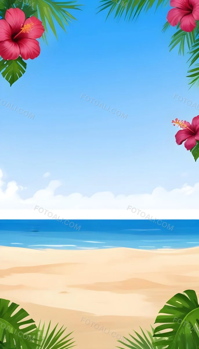 Digital Painting A Beach With Blue Sky Sand And Sand Hibiscus Flower And Palm Leaves On The Corners Tropical Paradise Summer Vacation Vibrant Colors Sunny Day Bold And Slim Lines Brush Strokes 16 D411