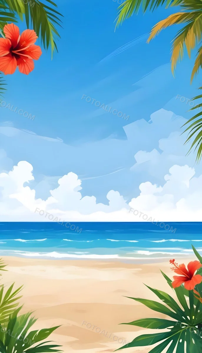 Digital Painting A Beach With Blue Sky Sand And Sand Hibiscus Flower And Palm Leaves On The Corners Tropical Paradise Summer Vacation Vibrant Colors Sunny Day Bold And Slim Lines Brush Strokes 18 Eab9
