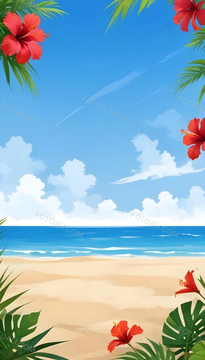 Digital Painting A Beach With Blue Sky Sand And Sand Hibiscus Flower And Palm Leaves On The Corners Tropical Paradise Summer Vacation Vibrant Colors Sunny Day Bold And Slim Lines Brush Strokes 2 E9d1