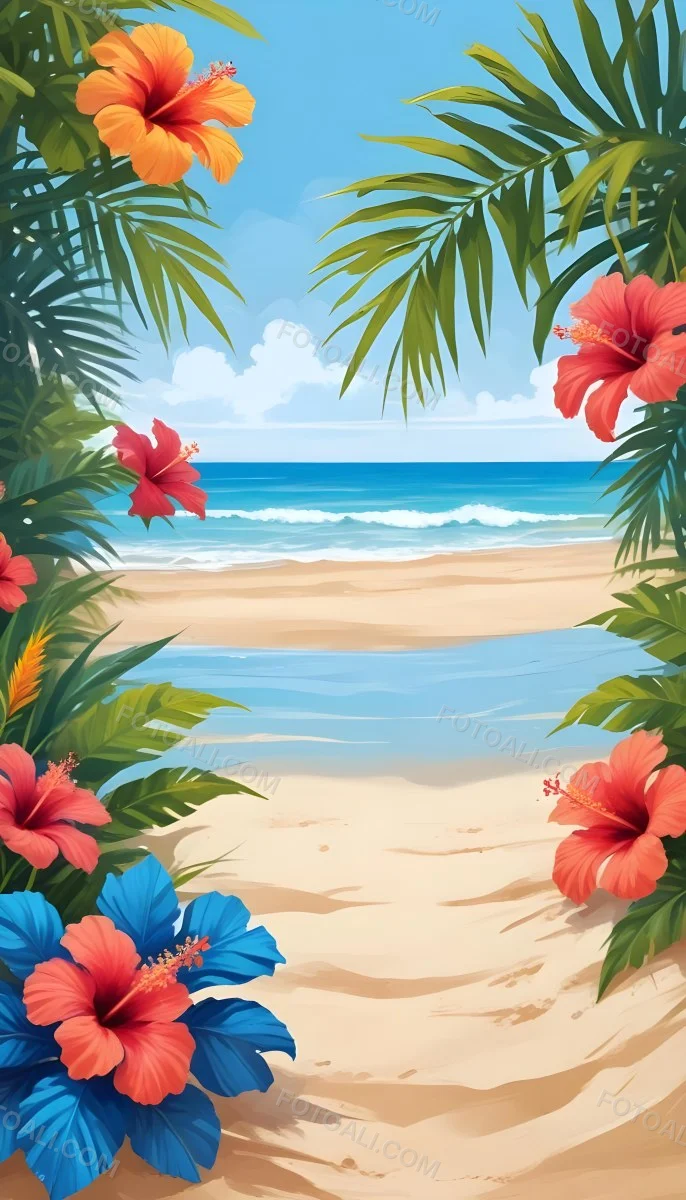 Digital Painting A Beach With Blue Sky Sand And Sand Hibiscus Flower And Palm Leaves On The Corners Tropical Paradise Summer Vacation Vibrant Colors Sunny Day Bold And Slim Lines Brush Strokes 25 79ff