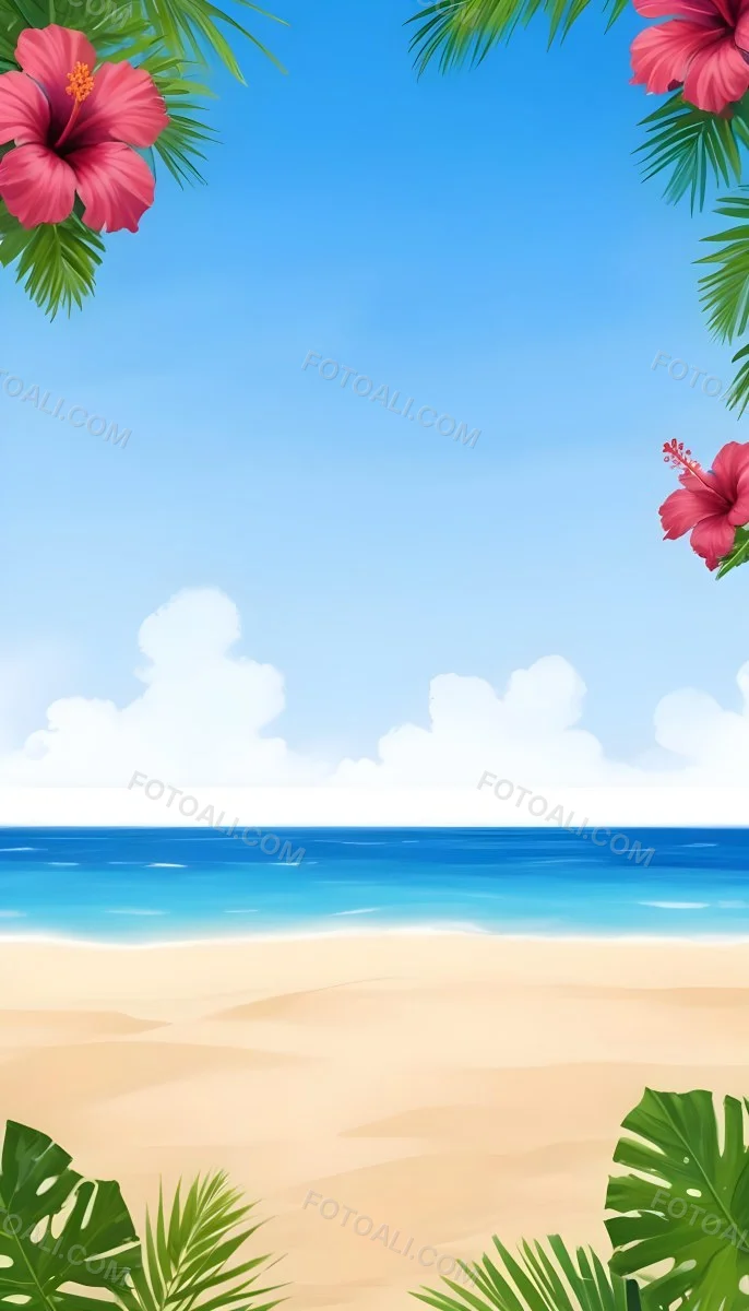 Digital Painting A Beach With Blue Sky Sand And Sand Hibiscus Flower And Palm Leaves On The Corners Tropical Paradise Summer Vacation Vibrant Colors Sunny Day Bold And Slim Lines Brush Strokes 26 3a50
