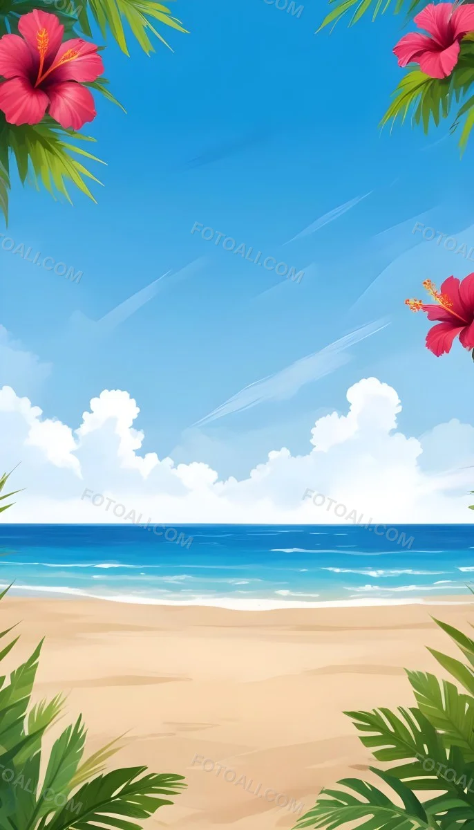 Digital Painting A Beach With Blue Sky Sand And Sand Hibiscus Flower And Palm Leaves On The Corners Tropical Paradise Summer Vacation Vibrant Colors Sunny Day Bold And Slim Lines Brush Strokes 31 Bdc6