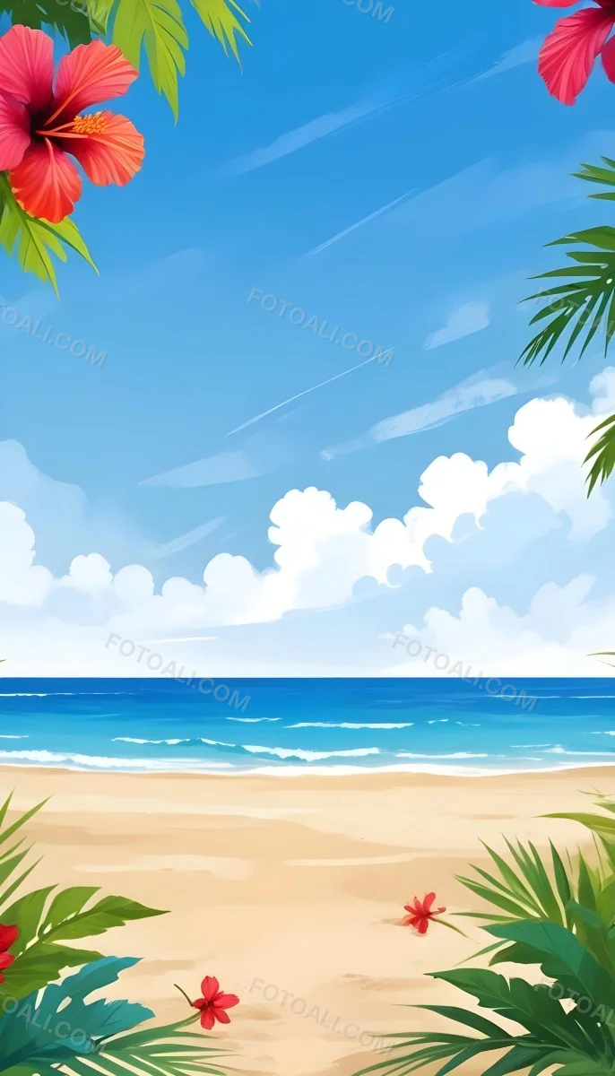 Digital Painting A Beach With Blue Sky Sand And Sand Hibiscus Flower And Palm Leaves On The Corners Tropical Paradise Summer Vacation Vibrant Colors Sunny Day Bold And Slim Lines Brush Strokes 32 479d