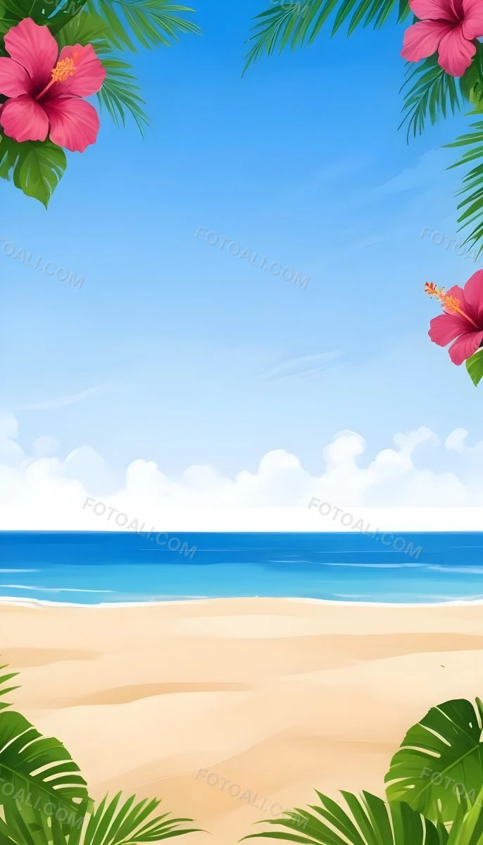 Digital Painting A Beach With Blue Sky Sand And Sand Hibiscus Flower And Palm Leaves On The Corners Tropical Paradise Summer Vacation Vibrant Colors Sunny Day Bold And Slim Lines Brush Strokes 37 Bd30