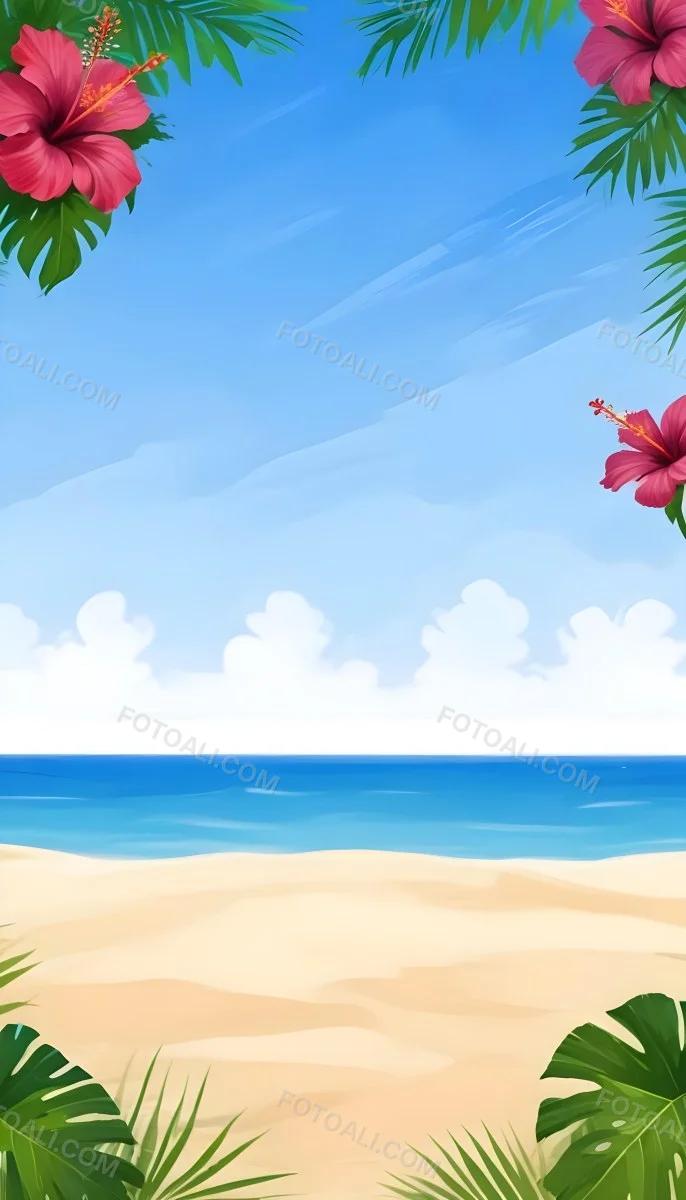 Digital Painting A Beach With Blue Sky Sand And Sand Hibiscus Flower And Palm Leaves On The Corners Tropical Paradise Summer Vacation Vibrant Colors Sunny Day Bold And Slim Lines Brush Strokes 41 D69f
