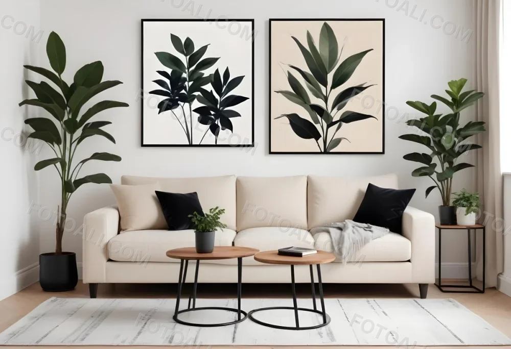 Digital Painting A Beige Sofa With Pillows A Small Wooden Table With A Plant On Top And A Black Side Table Against A White Wall Bold And Slim Lines Brush Strokes 13 275b