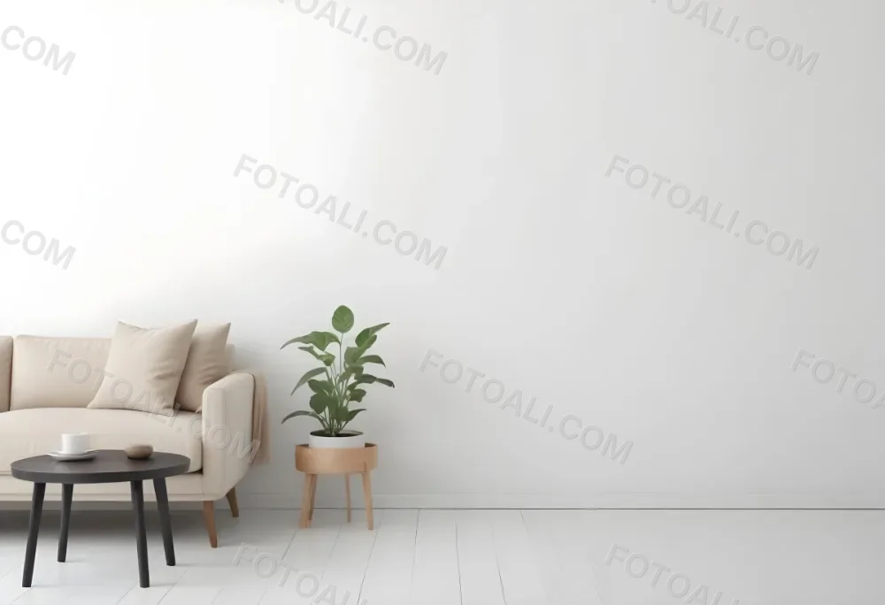 Digital Painting A Beige Sofa With Pillows A Small Wooden Table With A Plant On Top And A Black Side Table Against A White Wall Bold And Slim Lines Brush Strokes 18 A203