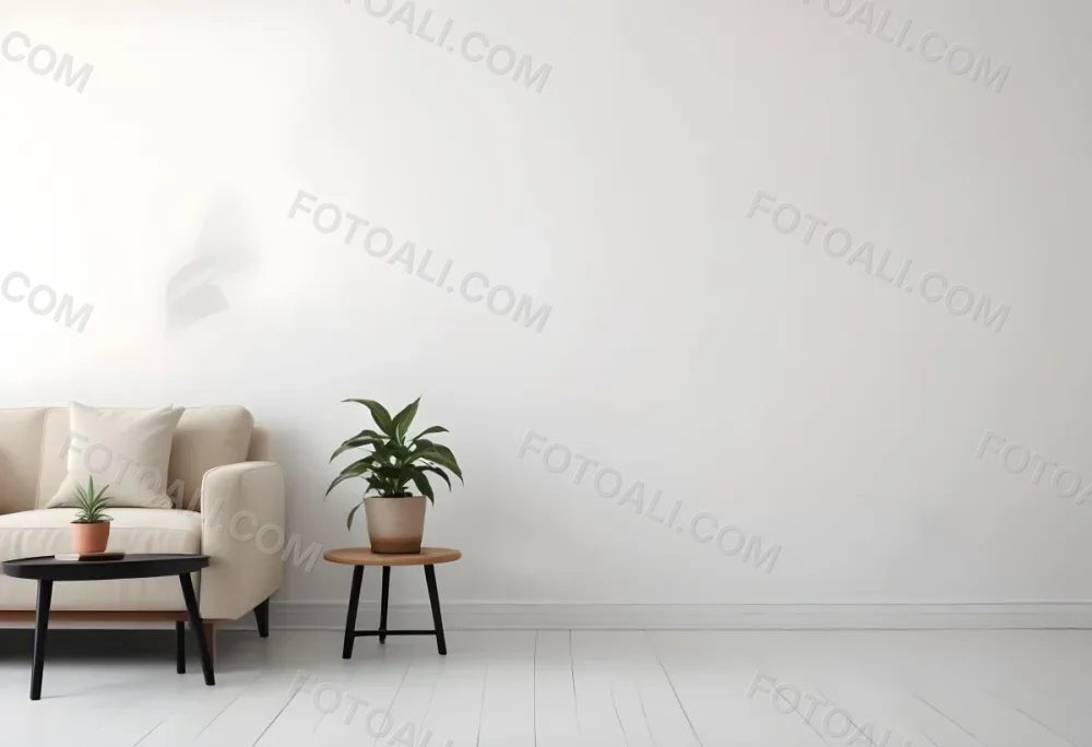 Digital Painting A Beige Sofa With Pillows A Small Wooden Table With A Plant On Top And A Black Side Table Against A White Wall Bold And Slim Lines Brush Strokes 21 Af45