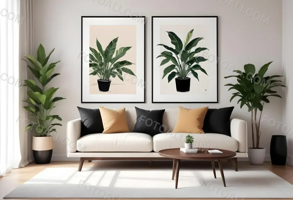 Digital Painting A Beige Sofa With Pillows A Small Wooden Table With A Plant On Top And A Black Side Table Against A White Wall Bold And Slim Lines Brush Strokes 25 8bab