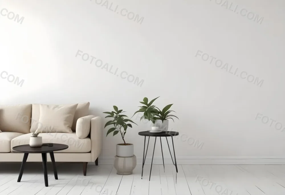 Digital Painting A Beige Sofa With Pillows A Small Wooden Table With A Plant On Top And A Black Side Table Against A White Wall Bold And Slim Lines Brush Strokes 28 Eeb7