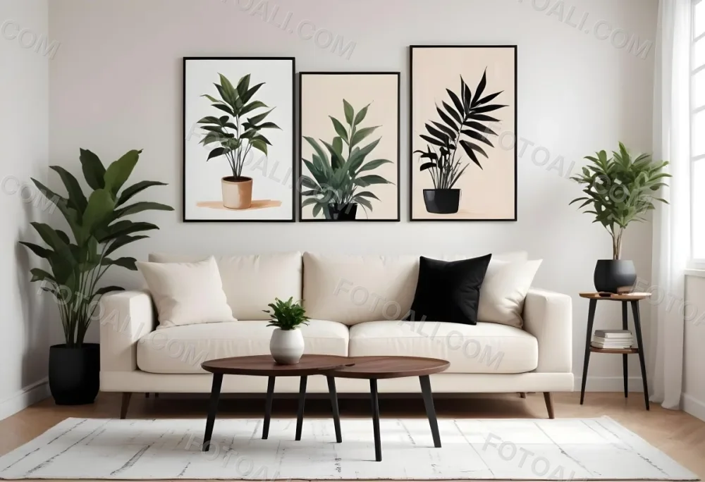 Digital Painting A Beige Sofa With Pillows A Small Wooden Table With A Plant On Top And A Black Side Table Against A White Wall Bold And Slim Lines Brush Strokes 31 6485