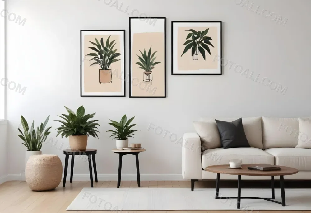 Digital Painting A Beige Sofa With Pillows A Small Wooden Table With A Plant On Top And A Black Side Table Against A White Wall Bold And Slim Lines Brush Strokes 33 E1bb