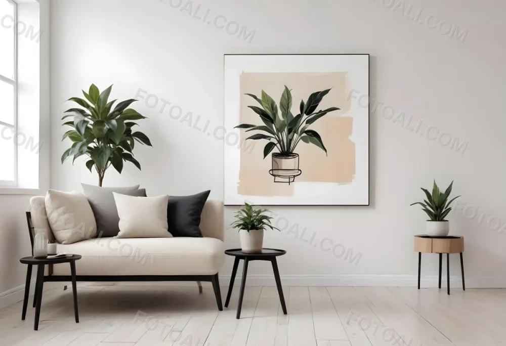 Digital Painting A Beige Sofa With Pillows A Small Wooden Table With A Plant On Top And A Black Side Table Against A White Wall Bold And Slim Lines Brush Strokes 4 2211