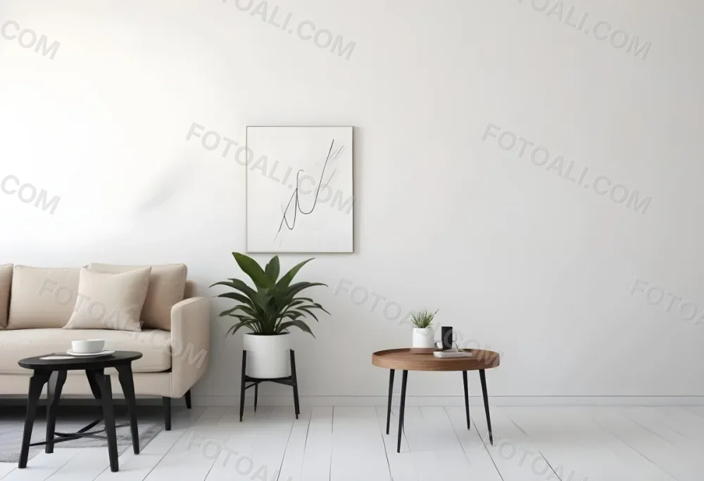 Digital Painting A Beige Sofa With Pillows A Small Wooden Table With A Plant On Top And A Black Side Table Against A White Wall Bold And Slim Lines Brush Strokes 4 8626