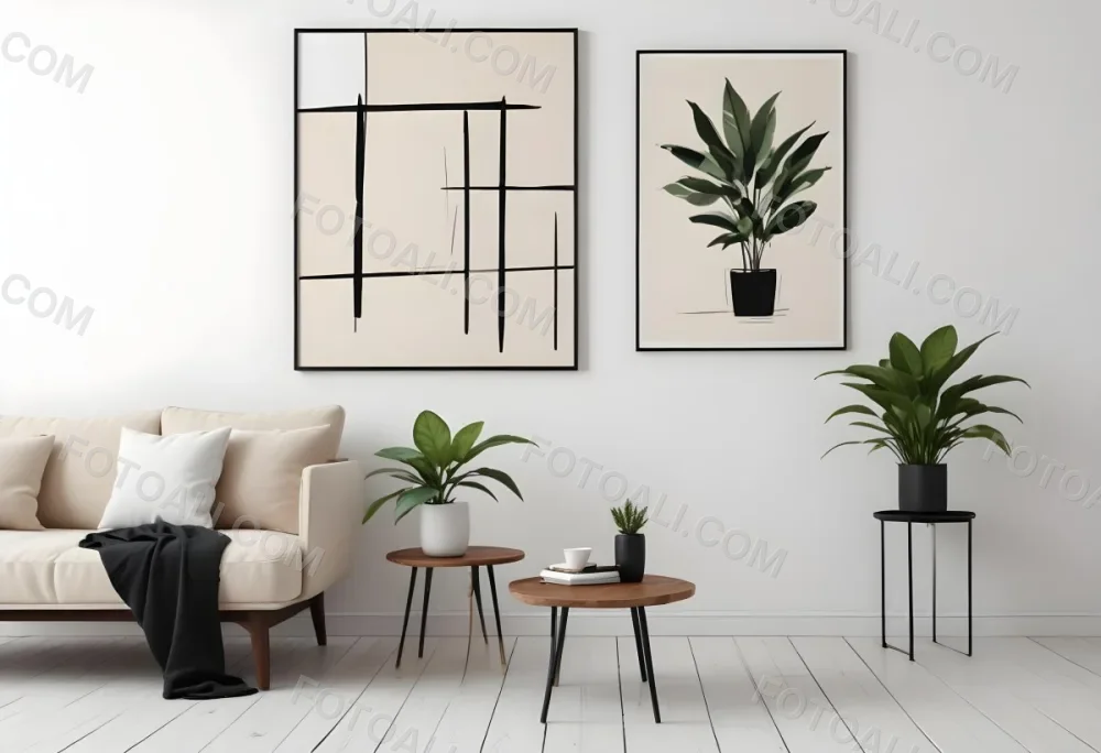 Digital Painting A Beige Sofa With Pillows A Small Wooden Table With A Plant On Top And A Black Side Table Against A White Wall Bold And Slim Lines Brush Strokes 5 31ed