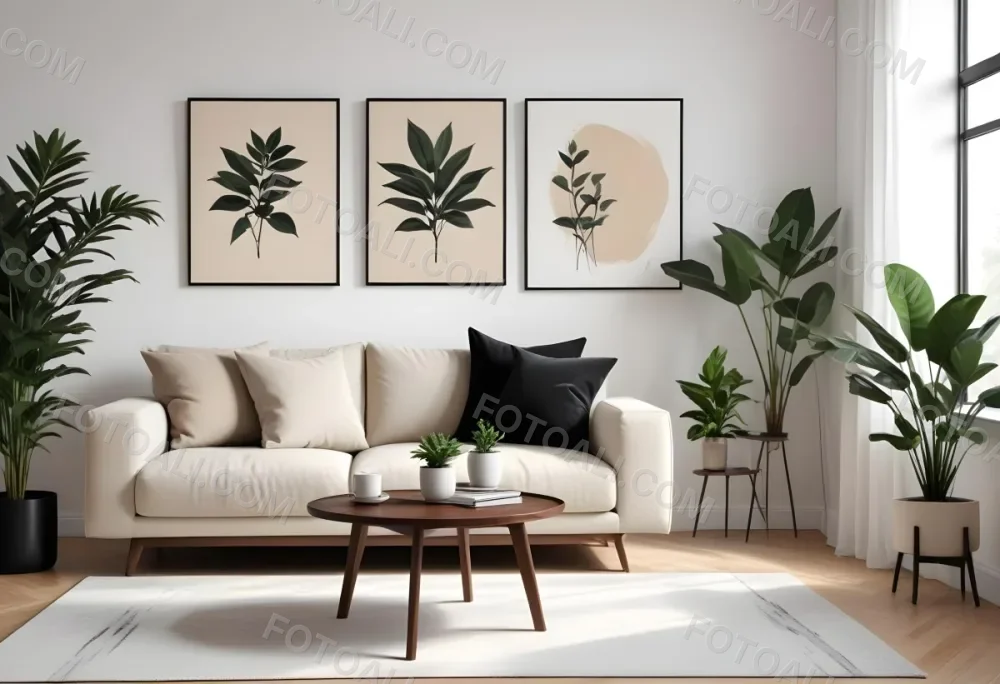 Digital Painting A Beige Sofa With Pillows A Small Wooden Table With A Plant On Top And A Black Side Table Against A White Wall Bold And Slim Lines Brush Strokes 6 2bc8