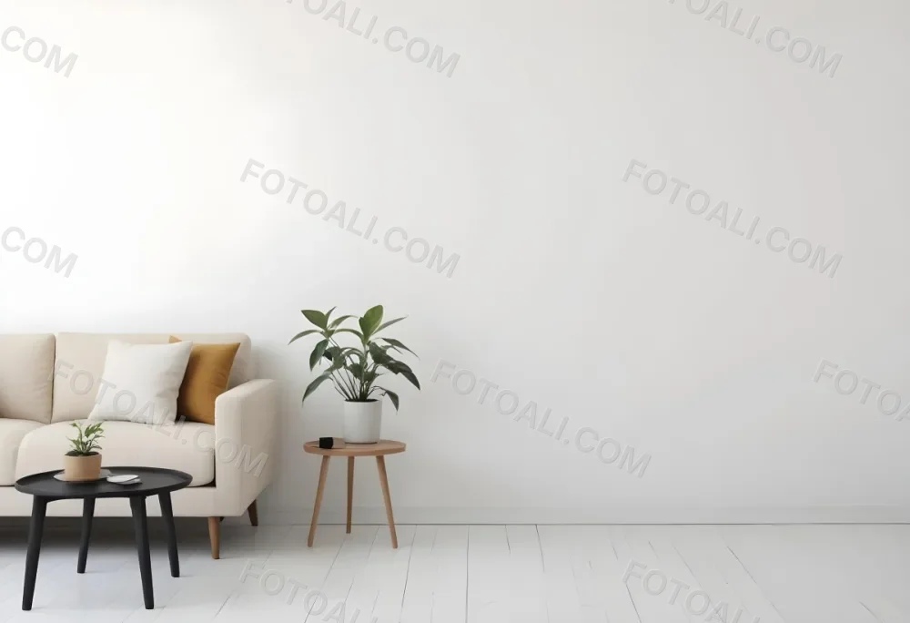 Digital Painting A Beige Sofa With Pillows A Small Wooden Table With A Plant On Top And A Black Side Table Against A White Wall Bold And Slim Lines Brush Strokes 6 8eac