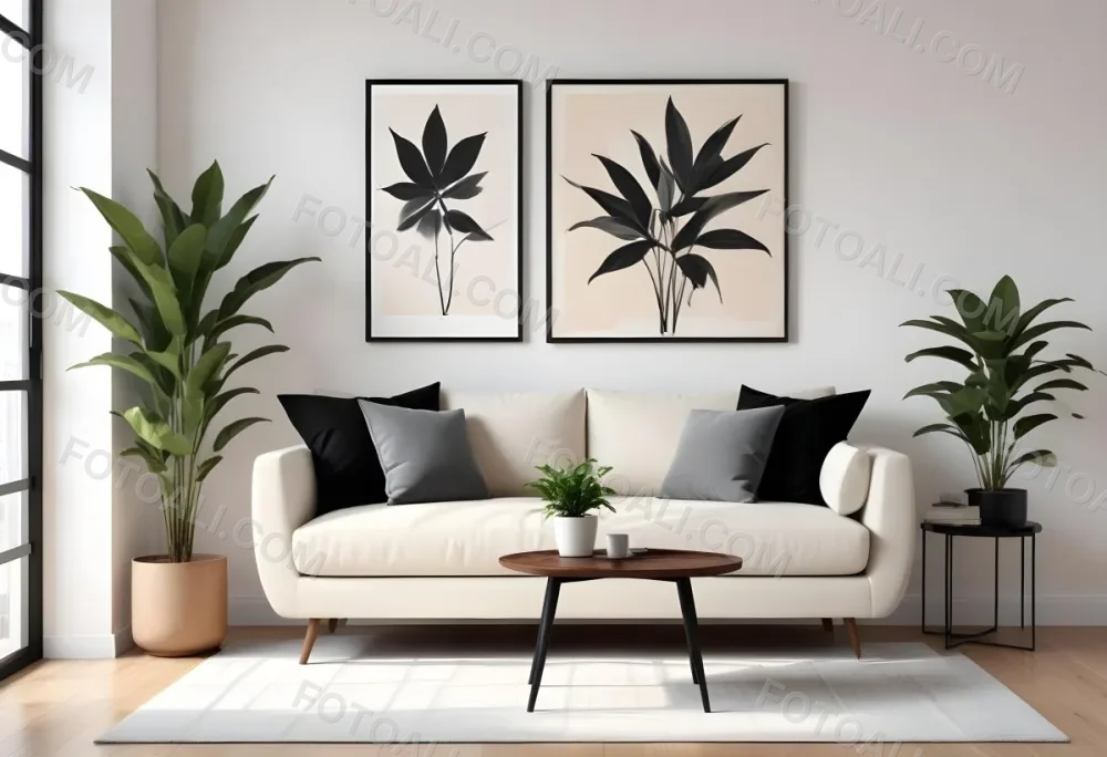 Digital Painting A Beige Sofa With Pillows A Small Wooden Table With A Plant On Top And A Black Side Table Against A White Wall Bold And Slim Lines Brush Strokes 7 5870