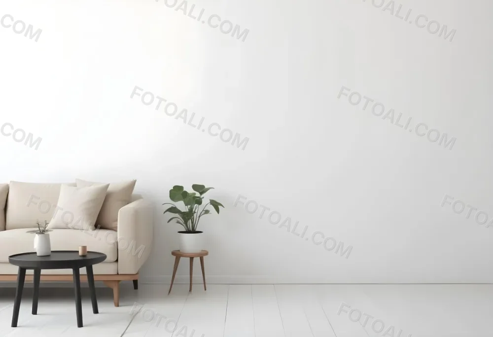 Digital Painting A Beige Sofa With Pillows A Small Wooden Table With A Plant On Top And A Black Side Table Against A White Wall Bold And Slim Lines Brush Strokes 7 6f32