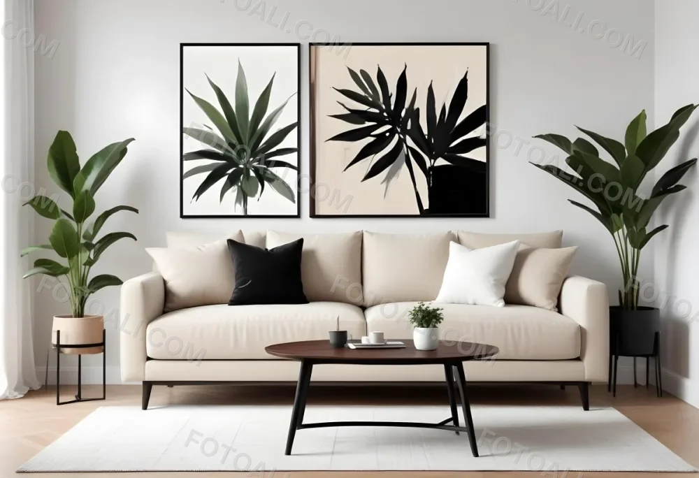 Digital Painting A Beige Sofa With Pillows A Small Wooden Table With A Plant On Top And A Black Side Table Against A White Wall Bold And Slim Lines Brush Strokes 9 7531