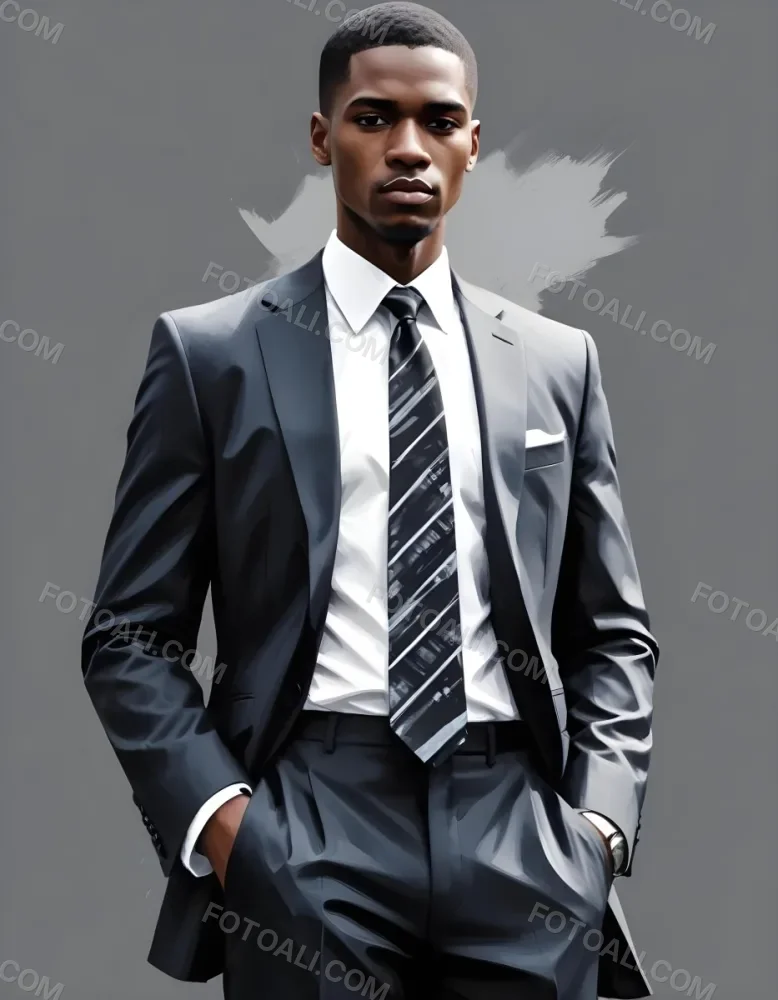 Digital Painting A Black Suit With A White Dress Shirt And A Patterned Tie Hands In Pockets With No Visible Head The Background Is Plain White Bold And Slim Lines Brush Strokes 35 2c34