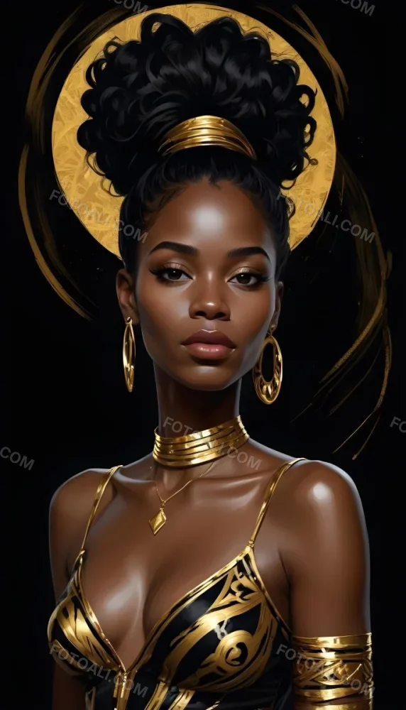 Digital Painting A Black Woman 30 Years Old With Golden Ornaments In A Black Background Bold And Slim Lines Brush Strokes 1 1d8e