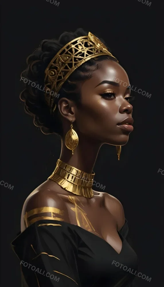 Digital Painting A Black Woman 30 Years Old With Golden Ornaments In A Black Background Bold And Slim Lines Brush Strokes 12 D9de