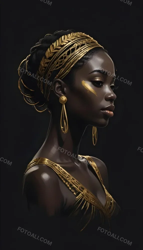 Digital Painting A Black Woman 30 Years Old With Golden Ornaments In A Black Background Bold And Slim Lines Brush Strokes 14 1c1d