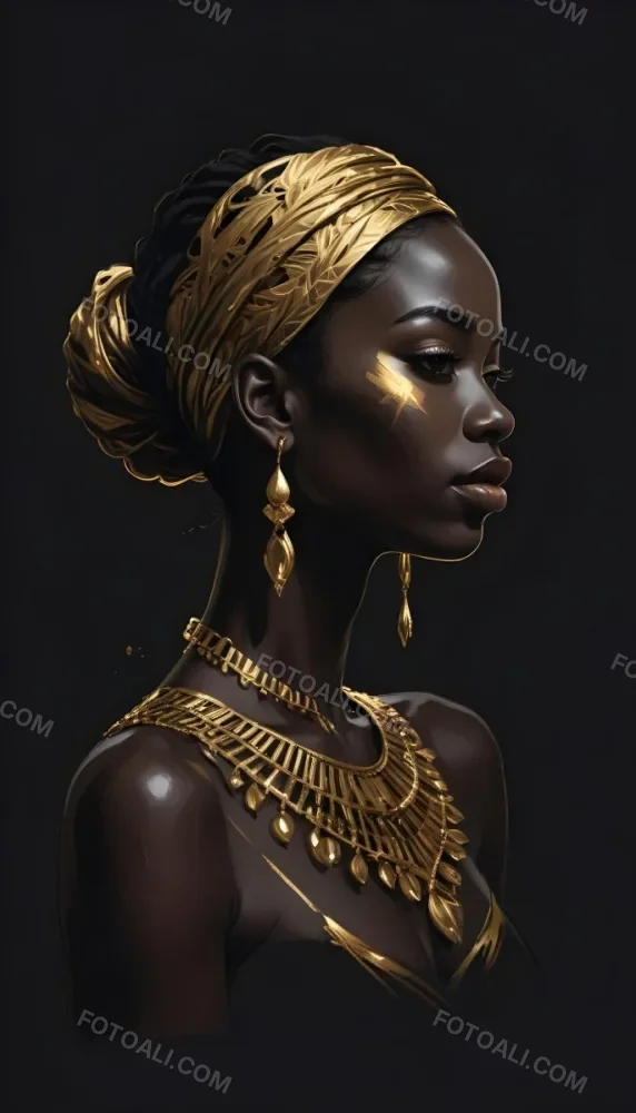 Digital Painting A Black Woman 30 Years Old With Golden Ornaments In A Black Background Bold And Slim Lines Brush Strokes 16 3922