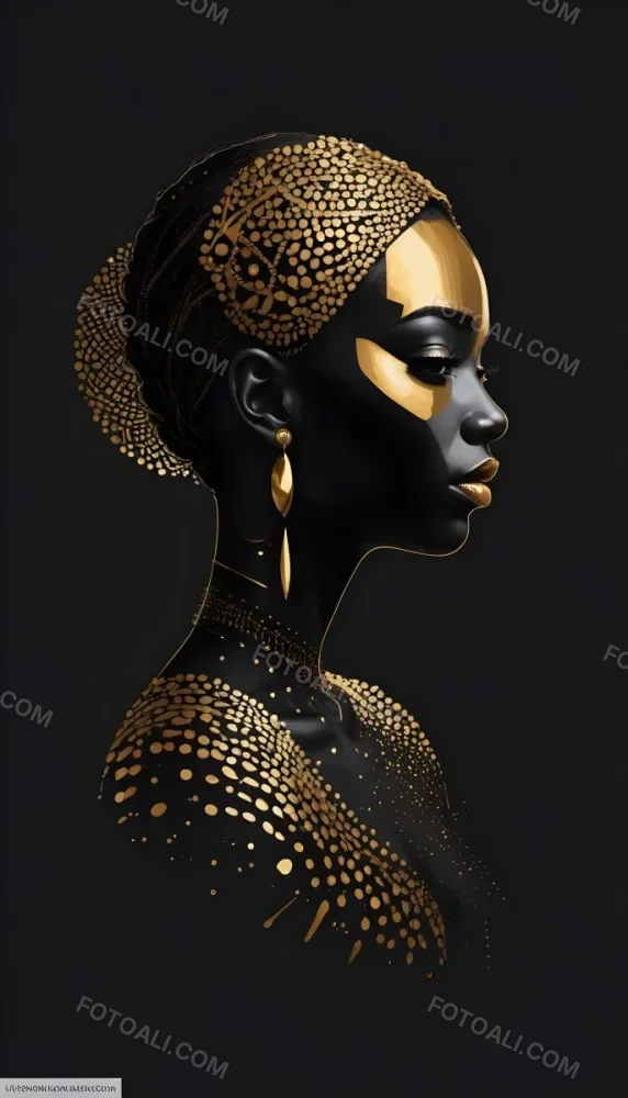 Digital Painting A Black Woman 30 Years Old With Golden Ornaments In A Black Background Bold And Slim Lines Brush Strokes 17 4660