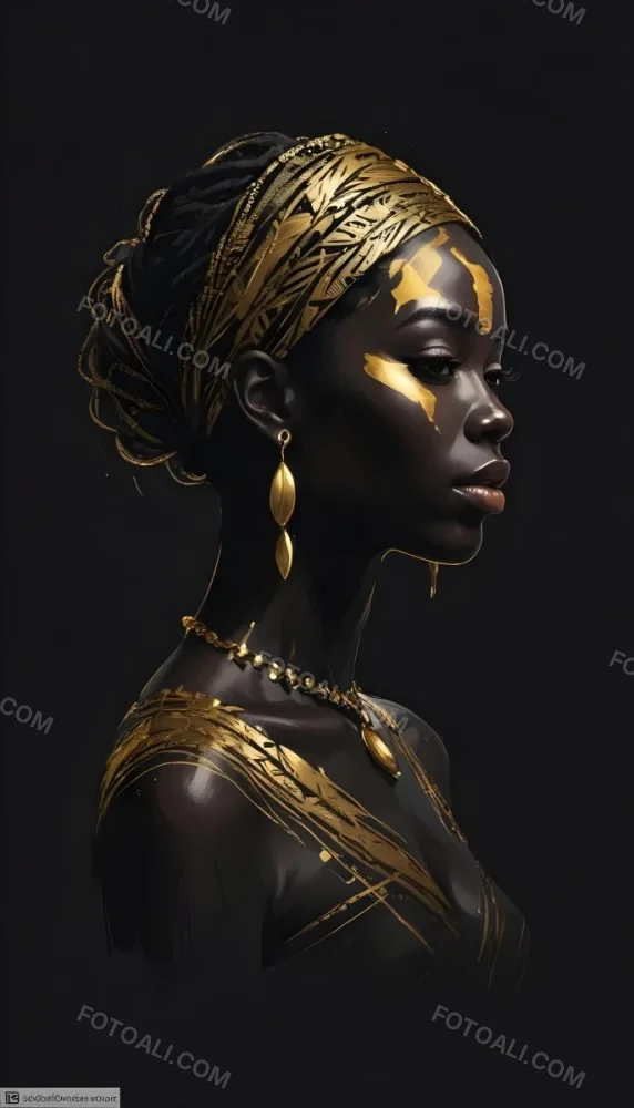 Digital Painting A Black Woman 30 Years Old With Golden Ornaments In A Black Background Bold And Slim Lines Brush Strokes 19 760e