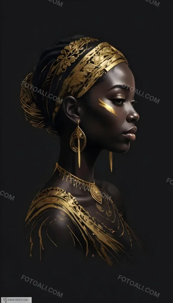 Digital Painting A Black Woman 30 Years Old With Golden Ornaments In A Black Background Bold And Slim Lines Brush Strokes 2 4296