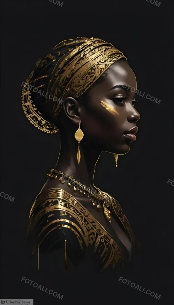 Digital Painting A Black Woman 30 Years Old With Golden Ornaments In A Black Background Bold And Slim Lines Brush Strokes 24 756a