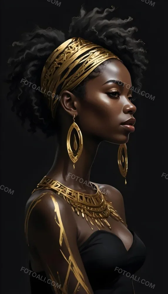 Digital Painting A Black Woman 30 Years Old With Golden Ornaments In A Black Background Bold And Slim Lines Brush Strokes 5 C18d