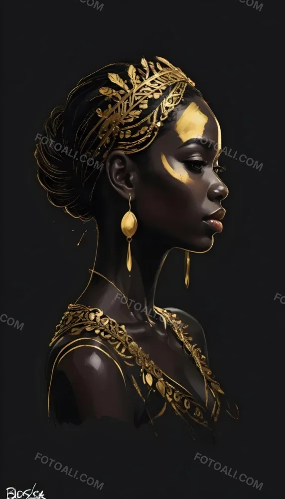Digital Painting A Black Woman 30 Years Old With Golden Ornaments In A Black Background Bold And Slim Lines Brush Strokes 6 6461