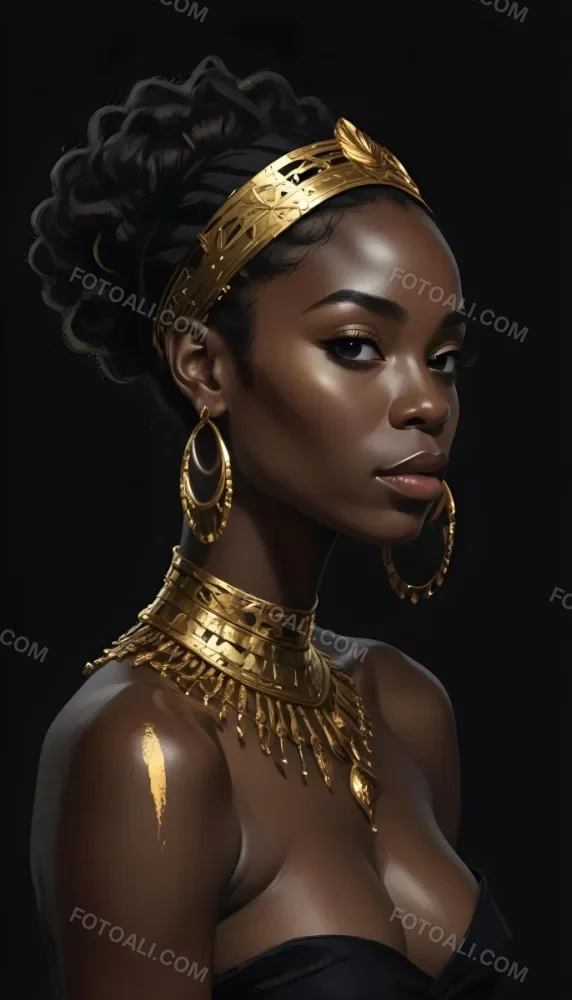 Digital Painting A Black Woman 30 Years Old With Golden Ornaments In A Black Background Bold And Slim Lines Brush Strokes 7 Fe74