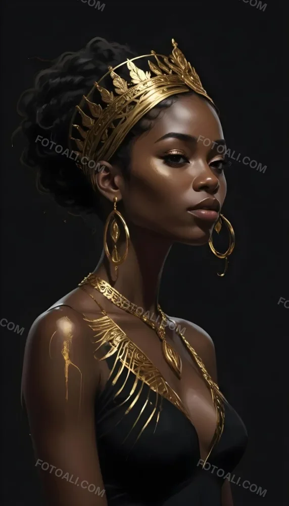 Digital Painting A Black Woman 30 Years Old With Golden Ornaments In A Black Background Bold And Slim Lines Brush Strokes 8 F039