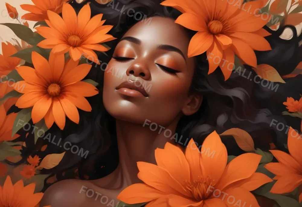 Digital Painting A Black Woman With Smooth Dark Skin And Closed Eyes Surrounded By Large Orange Flowers She Has Full Lips And Long Eyelashes With Her Hair Blending Into The Background The Overall Color Palette Is 08e3