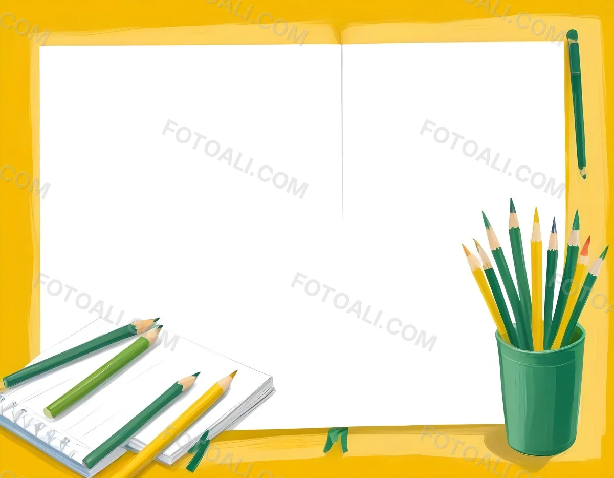 Digital Painting A Blank Green Notebook With A Green And Yellow Paintbrush Two Pencils A Cup With Crayons Yellow Frame Bold And Slim Lines Brush Strokes 32 2449 7869