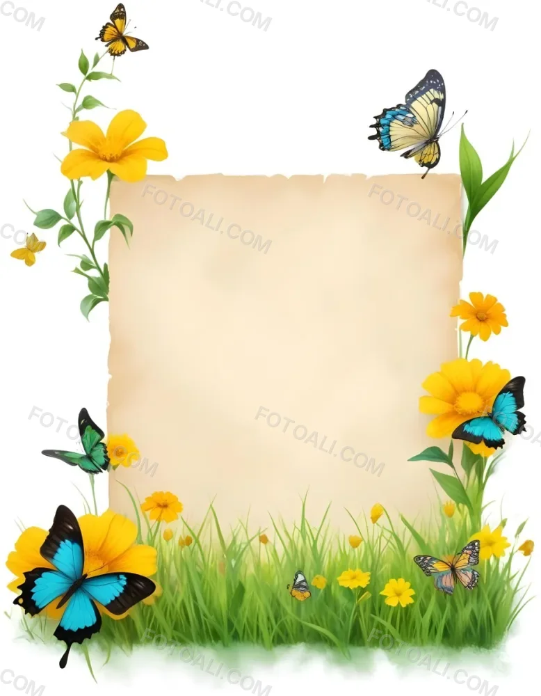 Digital Painting A Blank Parchment Paper Surrounded By Yellow Flowers Green Grass And Colorful Butterflies On A Colorful Background Creating A Vibrant And Natural Frame Bold And Slim Lines Brush Strokes 1 E58c