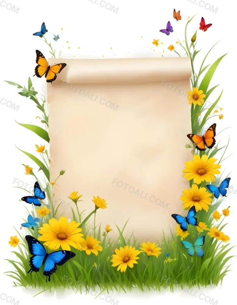 Digital Painting A Blank Parchment Paper Surrounded By Yellow Flowers Green Grass And Colorful Butterflies On A Colorful Background Creating A Vibrant And Natural Frame Bold And Slim Lines Brush Strokes 10 B3b1