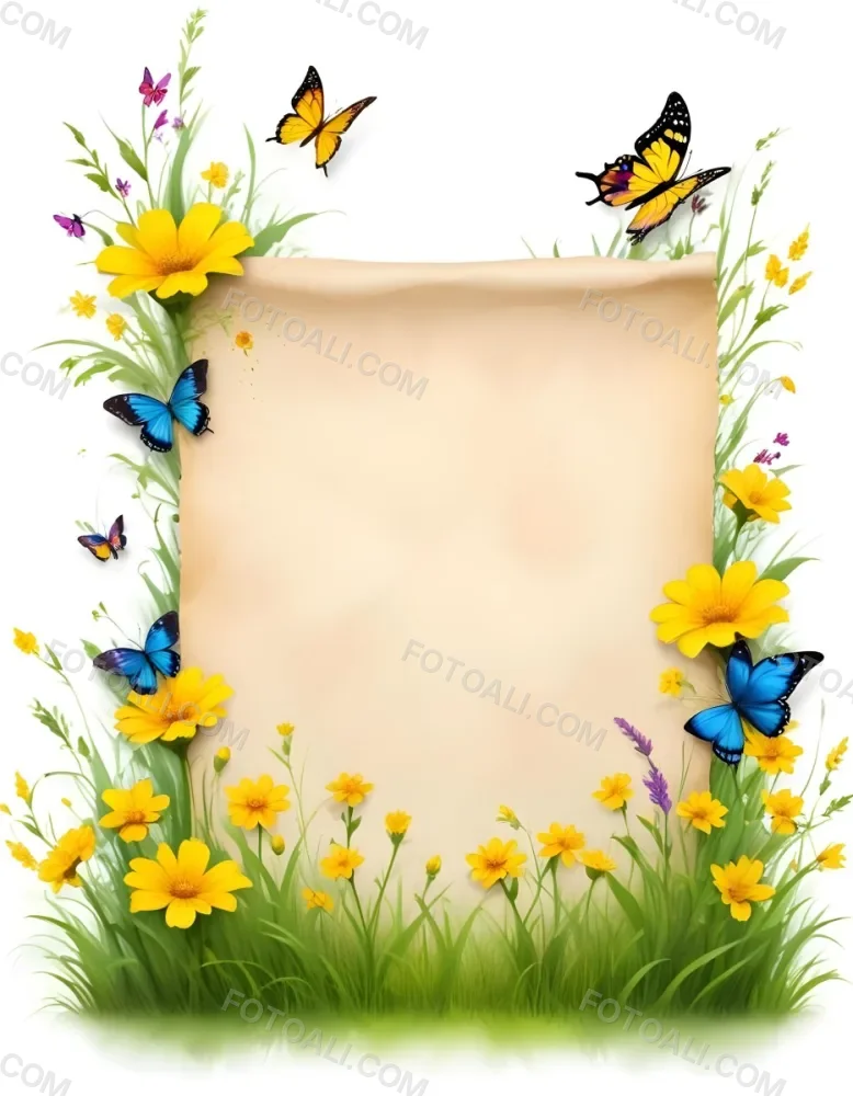 Digital Painting A Blank Parchment Paper Surrounded By Yellow Flowers Green Grass And Colorful Butterflies On A Colorful Background Creating A Vibrant And Natural Frame Bold And Slim Lines Brush Strokes 12 62a9