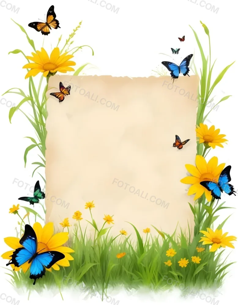 Digital Painting A Blank Parchment Paper Surrounded By Yellow Flowers Green Grass And Colorful Butterflies On A Colorful Background Creating A Vibrant And Natural Frame Bold And Slim Lines Brush Strokes 15 E728