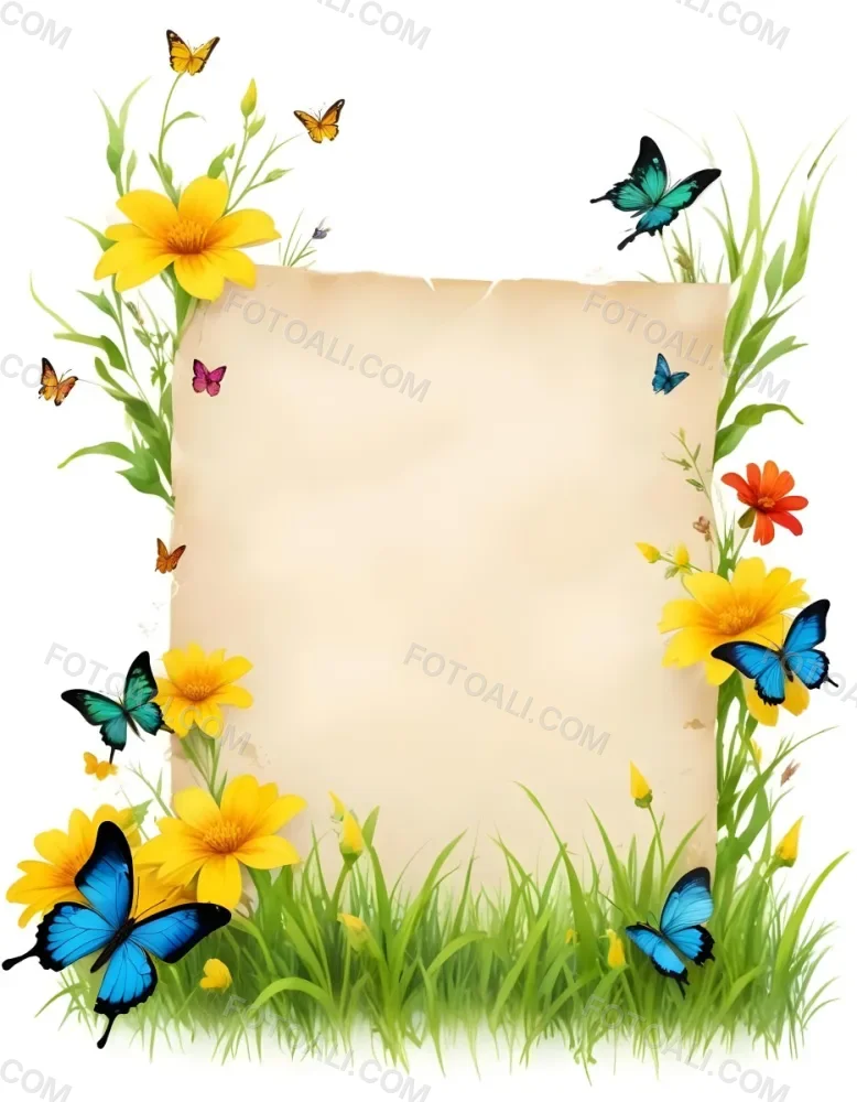 Digital Painting A Blank Parchment Paper Surrounded By Yellow Flowers Green Grass And Colorful Butterflies On A Colorful Background Creating A Vibrant And Natural Frame Bold And Slim Lines Brush Strokes 16 Ead7