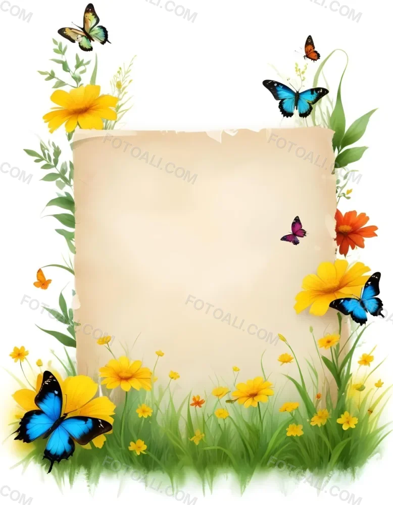 Digital Painting A Blank Parchment Paper Surrounded By Yellow Flowers Green Grass And Colorful Butterflies On A Colorful Background Creating A Vibrant And Natural Frame Bold And Slim Lines Brush Strokes 18 57c0