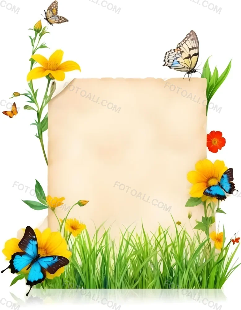 Digital Painting A Blank Parchment Paper Surrounded By Yellow Flowers Green Grass And Colorful Butterflies On A Colorful Background Creating A Vibrant And Natural Frame Bold And Slim Lines Brush Strokes 19 9a48