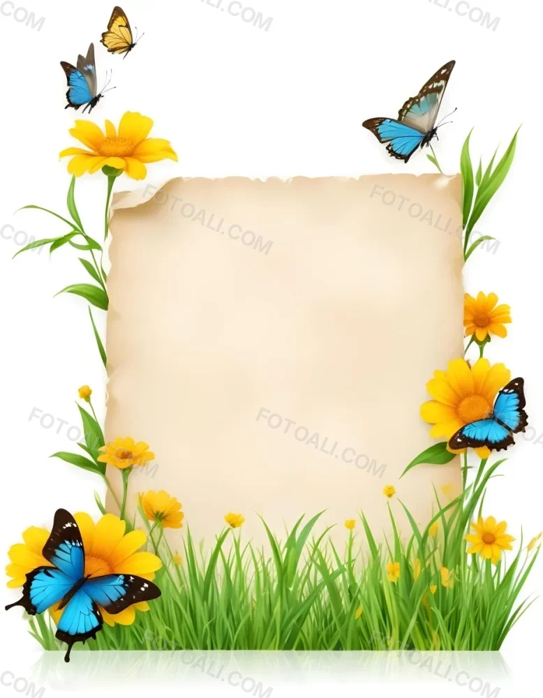 Digital Painting A Blank Parchment Paper Surrounded By Yellow Flowers Green Grass And Colorful Butterflies On A Colorful Background Creating A Vibrant And Natural Frame Bold And Slim Lines Brush Strokes 23 6c5a