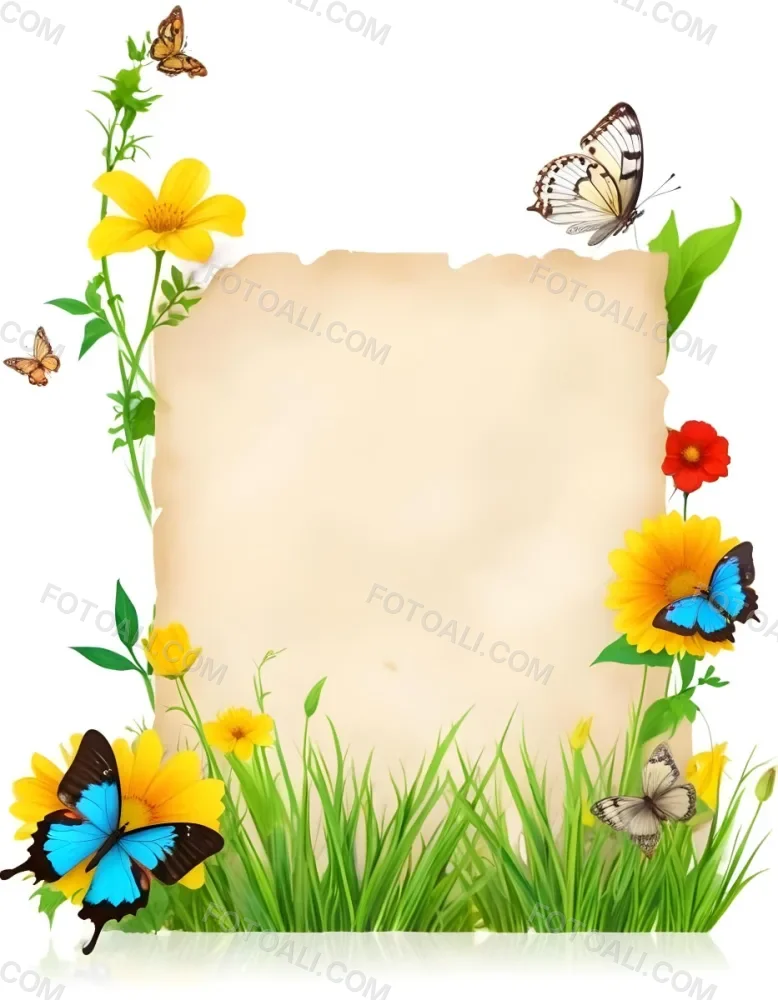 Digital Painting A Blank Parchment Paper Surrounded By Yellow Flowers Green Grass And Colorful Butterflies On A Colorful Background Creating A Vibrant And Natural Frame Bold And Slim Lines Brush Strokes 24 4511