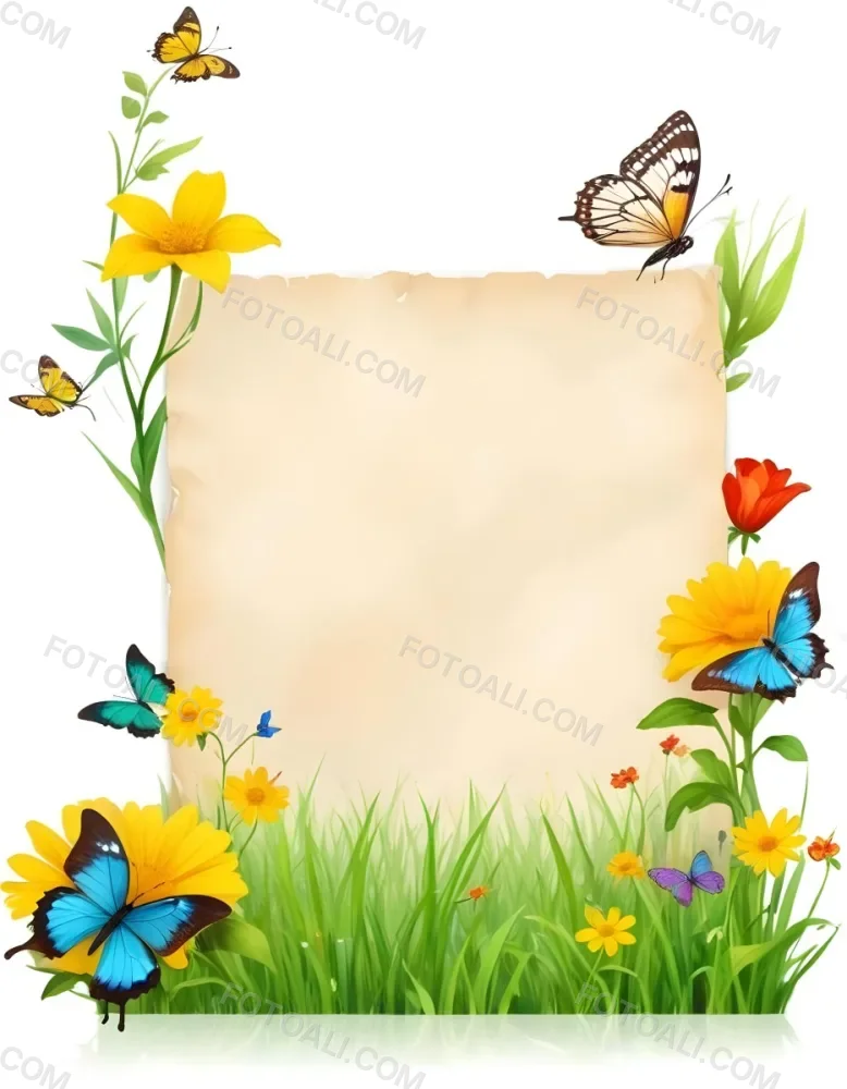Digital Painting A Blank Parchment Paper Surrounded By Yellow Flowers Green Grass And Colorful Butterflies On A Colorful Background Creating A Vibrant And Natural Frame Bold And Slim Lines Brush Strokes 27 3248