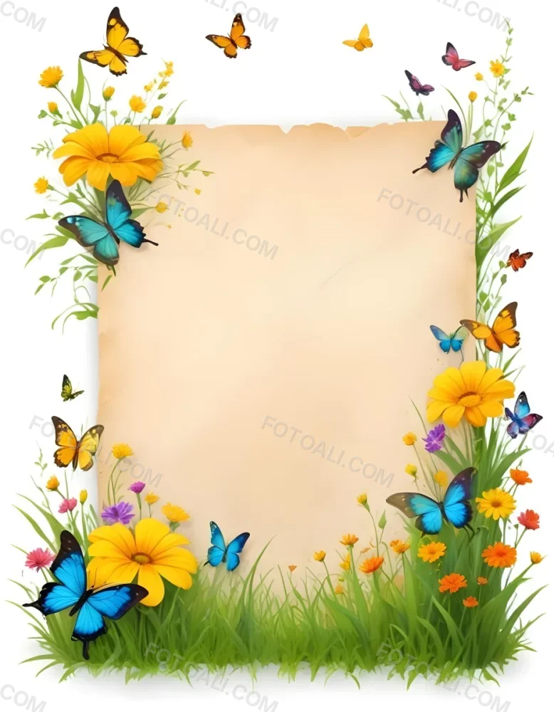 Digital Painting A Blank Parchment Paper Surrounded By Yellow Flowers Green Grass And Colorful Butterflies On A Colorful Background Creating A Vibrant And Natural Frame Bold And Slim Lines Brush Strokes 3 08d4